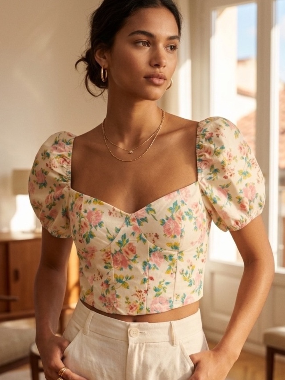 Zara Floral Puff Sleeve Crop Top Cottagecore Bustier Smocked Back Size L